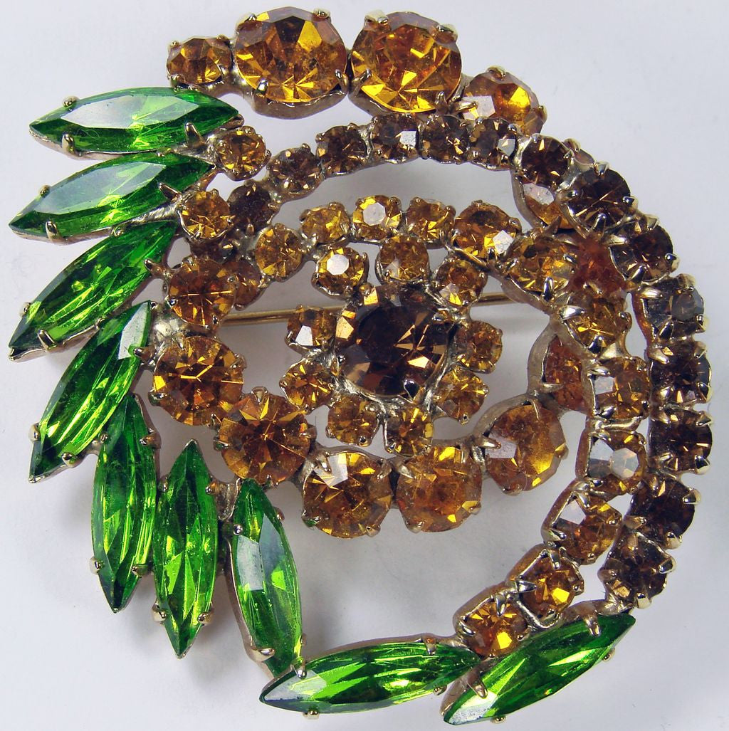 1950s Rhinestone Brooch Orange & Green Swirl Form - Poppy's Vintage Clothing
