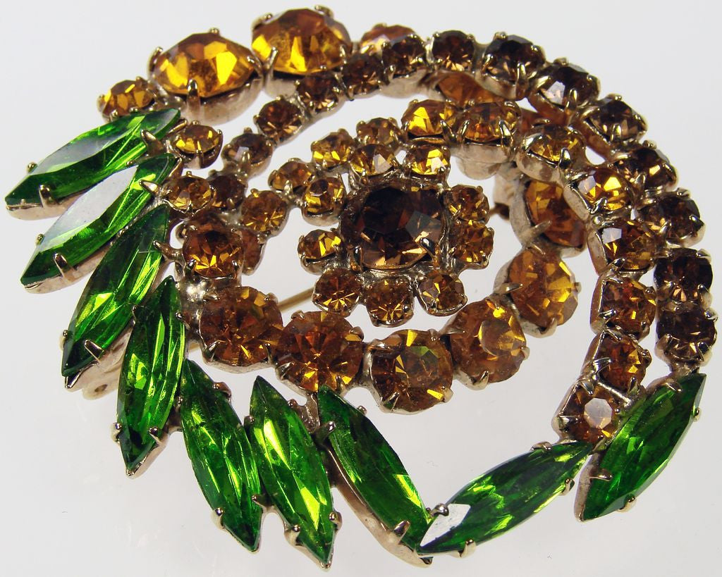 1950s Rhinestone Brooch Orange & Green Swirl Form - Poppy's Vintage Clothing