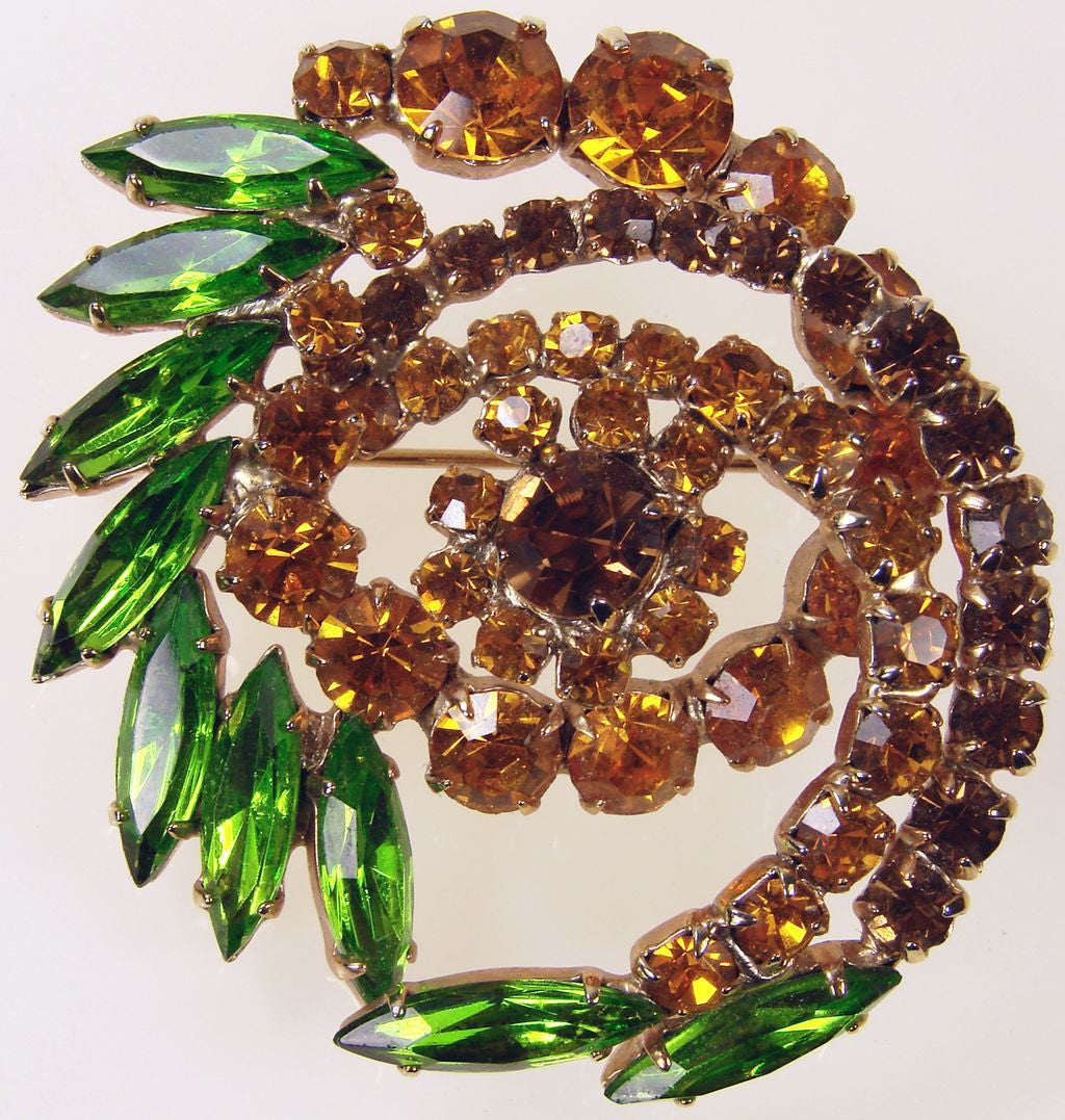 1950s Rhinestone Brooch Orange & Green Swirl Form - Poppy's Vintage Clothing