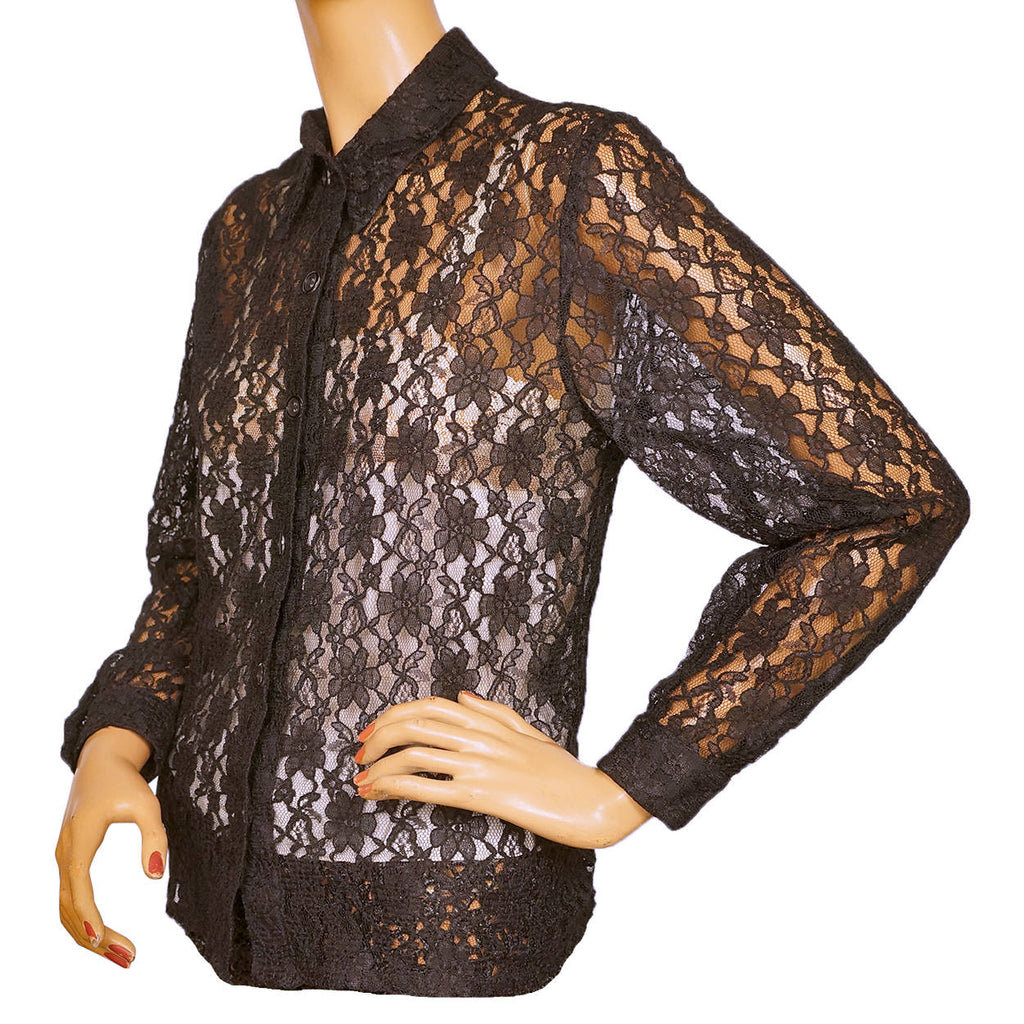 Vintage 1960s Black Lace Shirt Blouse Size M - Poppy's Vintage Clothing