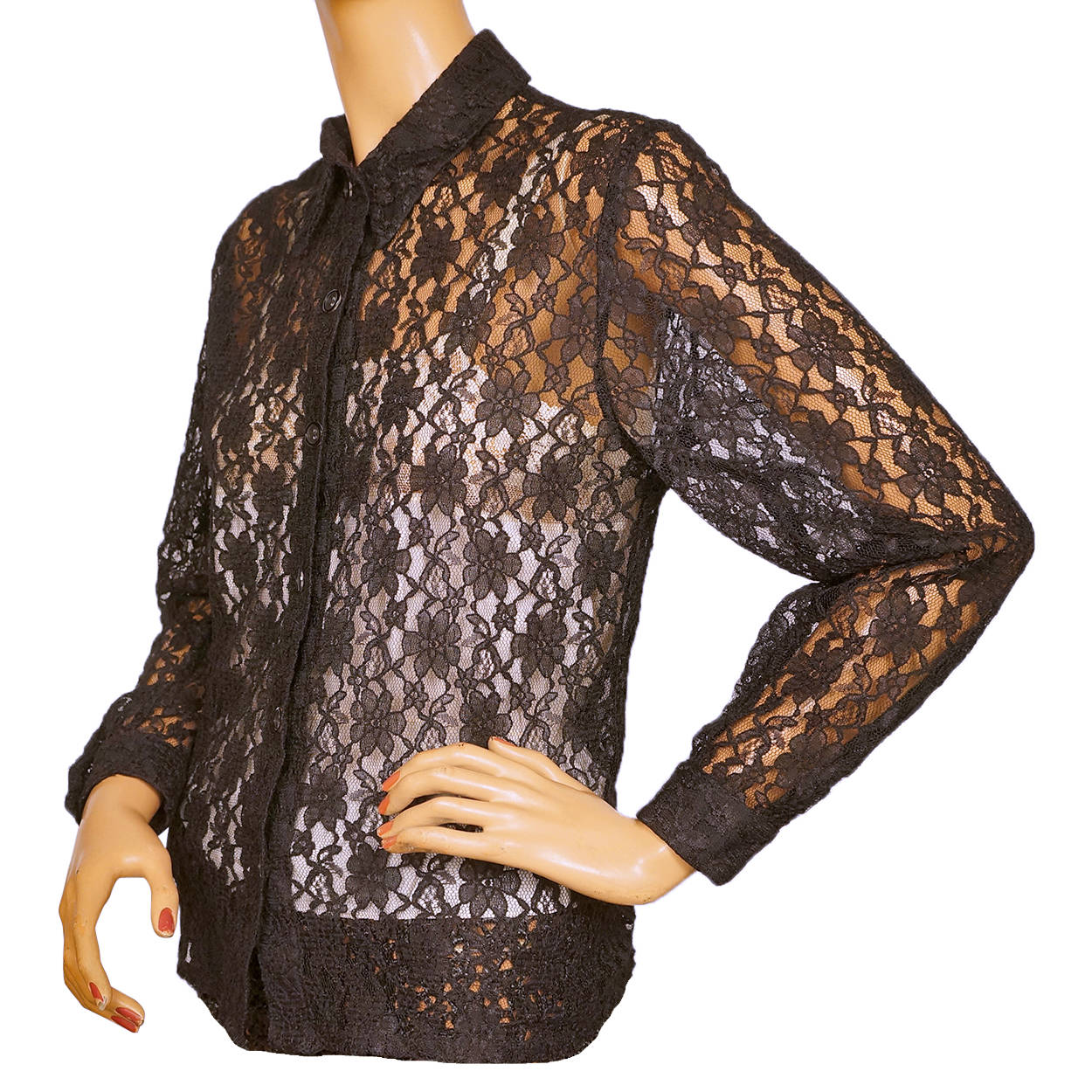 Vintage 1960s Black Lace Shirt Blouse Size M - Poppy's Vintage Clothing