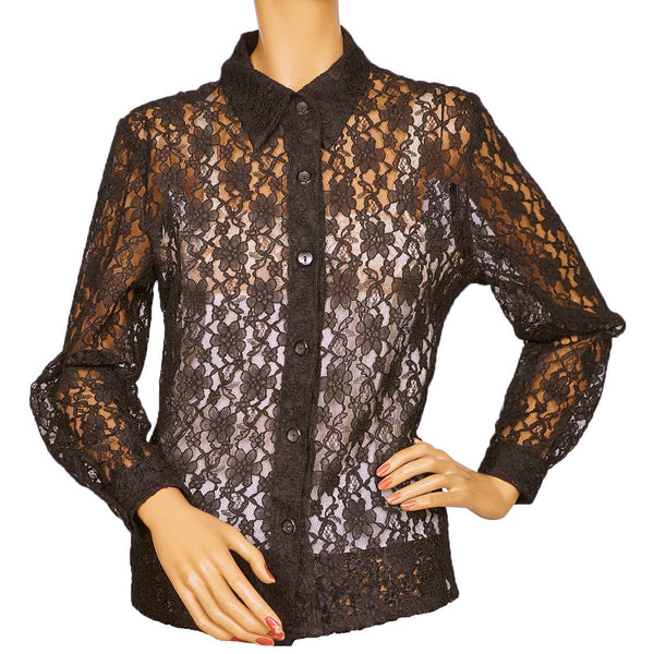 Vintage 1960s Black Lace Shirt Blouse Size M - Poppy's Vintage Clothing