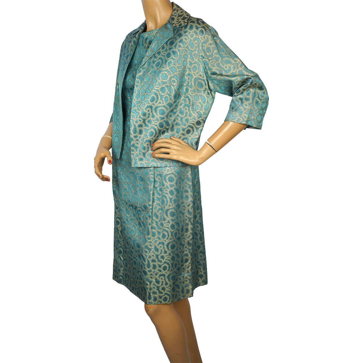 Vintage 1960s Bombshell Dress in Blue Satin with Metallic Gold Lamé Size Medium - Poppy's Vintage Clothing