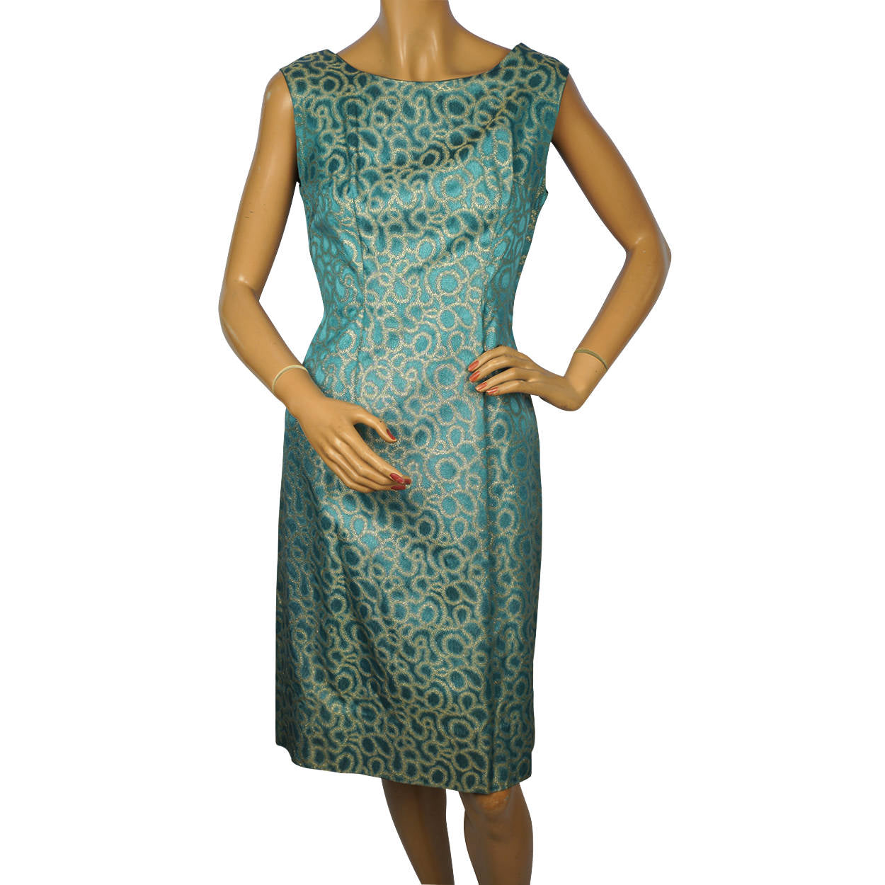 Vintage 1960s Bombshell Dress in Blue Satin with Metallic Gold Lamé Size Medium - Poppy's Vintage Clothing