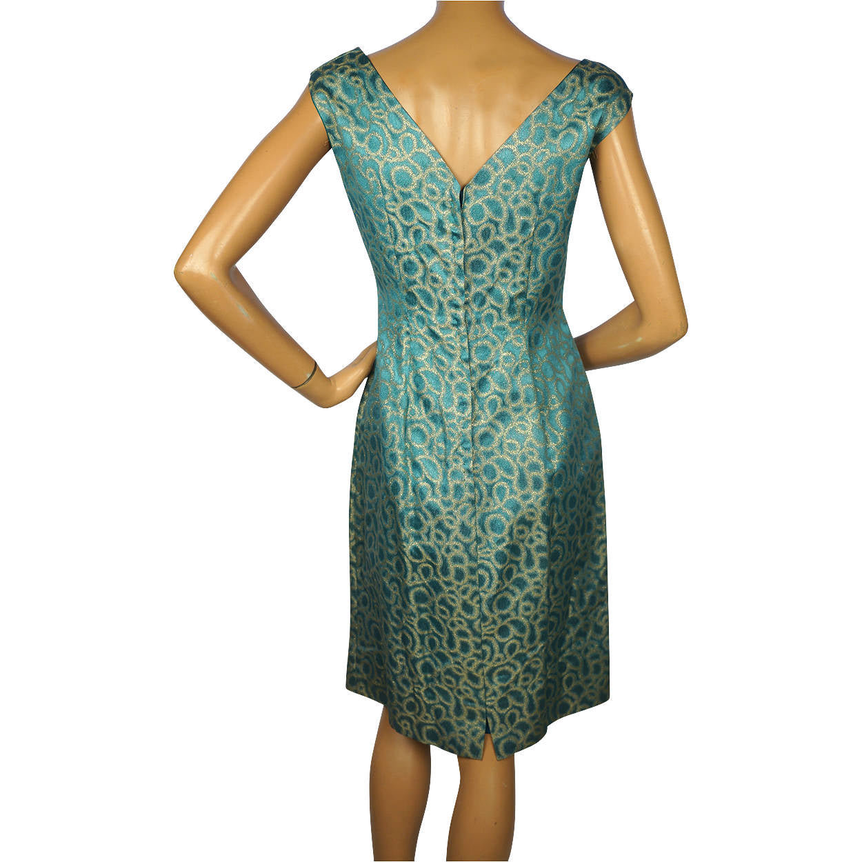 Vintage 1960s Bombshell Dress in Blue Satin with Metallic Gold Lamé Size Medium - Poppy's Vintage Clothing