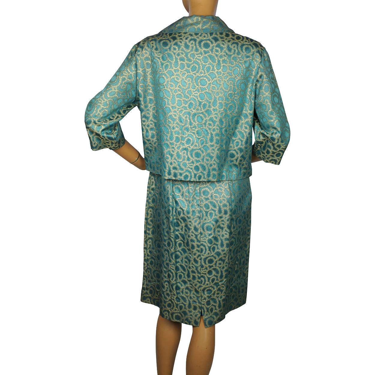 Vintage 1960s Bombshell Dress in Blue Satin with Metallic Gold Lamé Size Medium - Poppy's Vintage Clothing