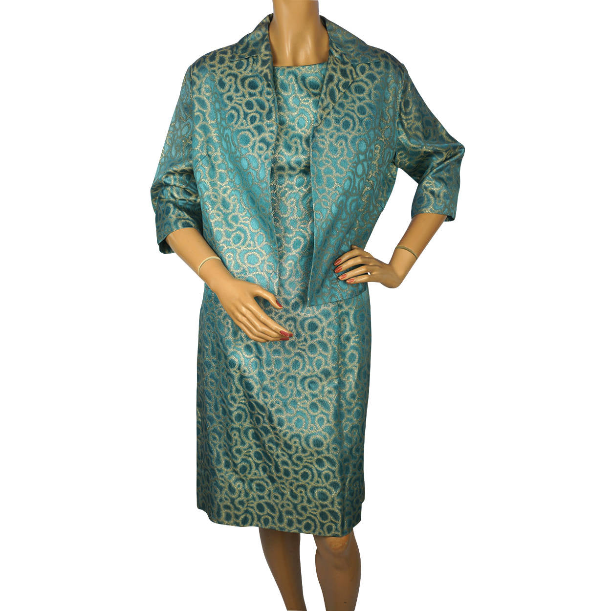 Vintage 1960s Bombshell Dress in Blue Satin with Metallic Gold Lamé Size Medium - Poppy's Vintage Clothing