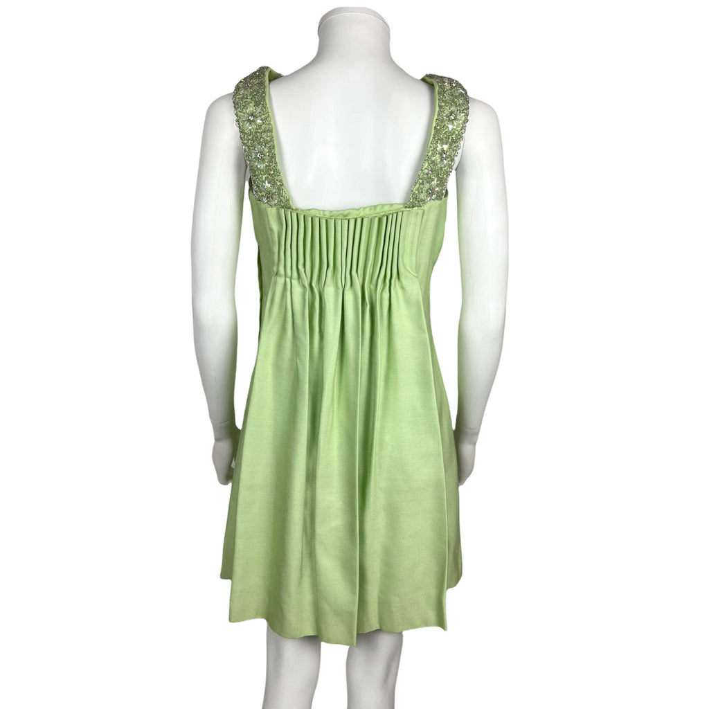 Vintage 1960s Green Silk Dress w Beaded Collar Size M L