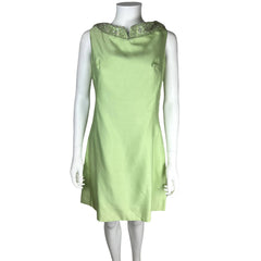 Vintage 1960s Green Silk Dress w Beaded Collar Size M L