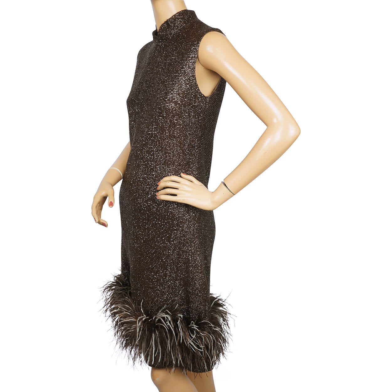 Vintage 1960s Sparkly Brown Lurex Dress with Ostrich Feather Trim Size M - Poppy's Vintage Clothing