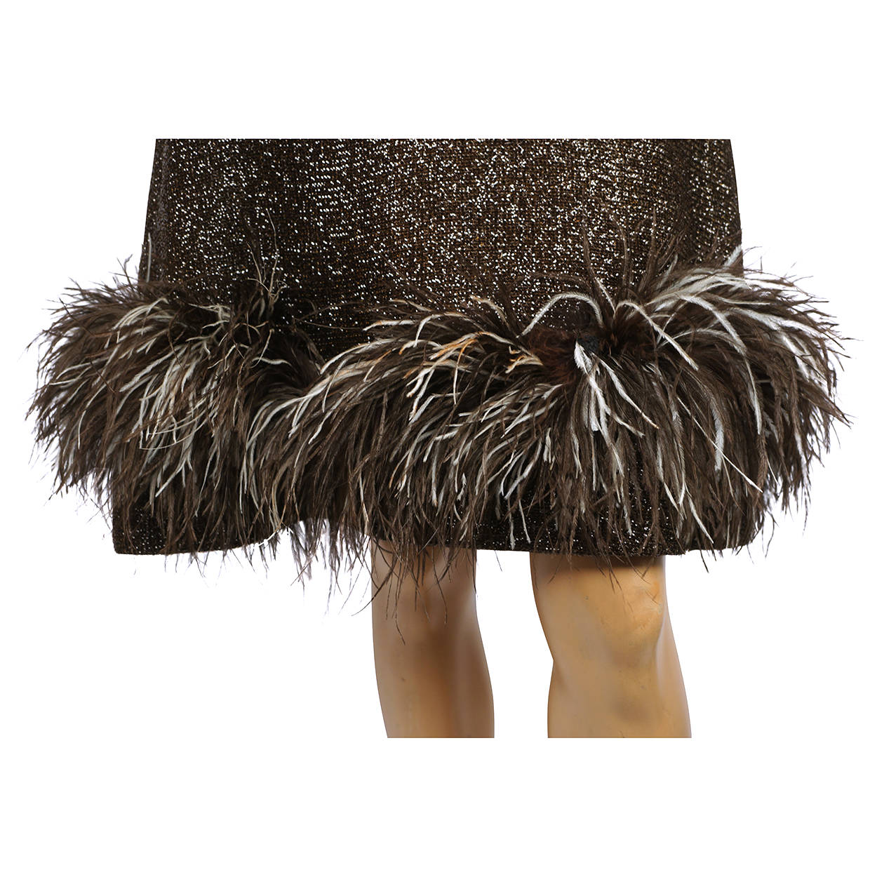 Vintage 1960s Sparkly Brown Lurex Dress with Ostrich Feather Trim Size M - Poppy's Vintage Clothing