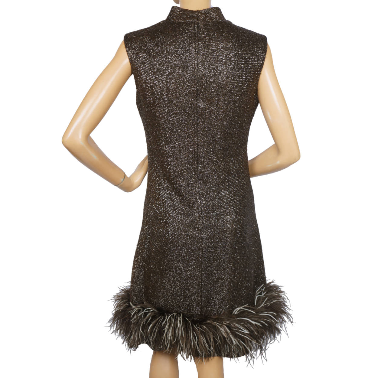 Vintage 1960s Sparkly Brown Lurex Dress with Ostrich Feather Trim Size M - Poppy's Vintage Clothing