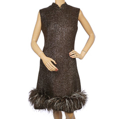 Vintage 1960s Sparkly Brown Lurex Dress with Ostrich Feather Trim Size M - Poppy's Vintage Clothing