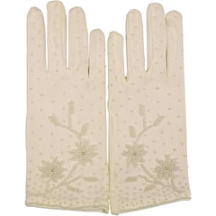 Vintage 1960s Gloves White Beaded Nylon Stretch Hong Kong NOS Unused One Size - Poppy's Vintage Clothing