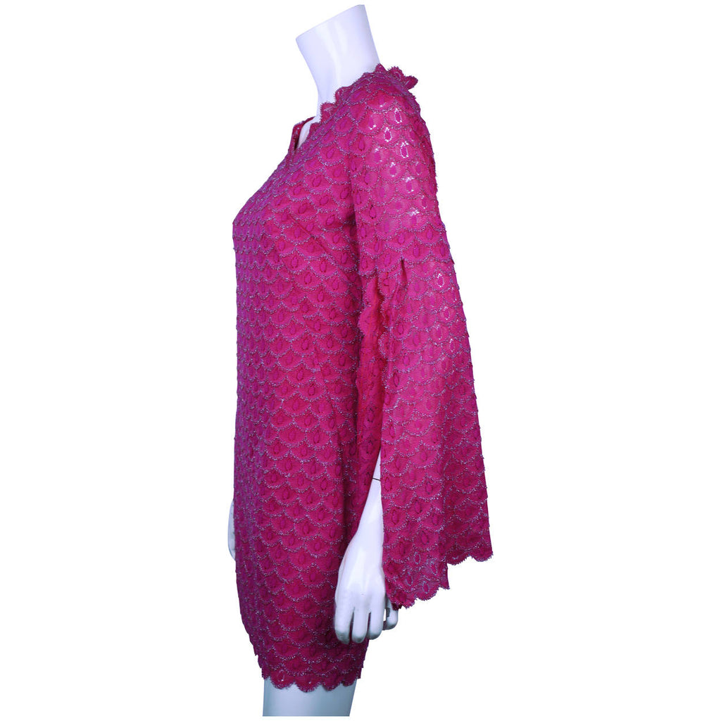 Vintage Mod Go Go Mini Dress Magenta Pink w Silver Festoons & Split Sleeves Sz M - Poppy's Vintage Clothing