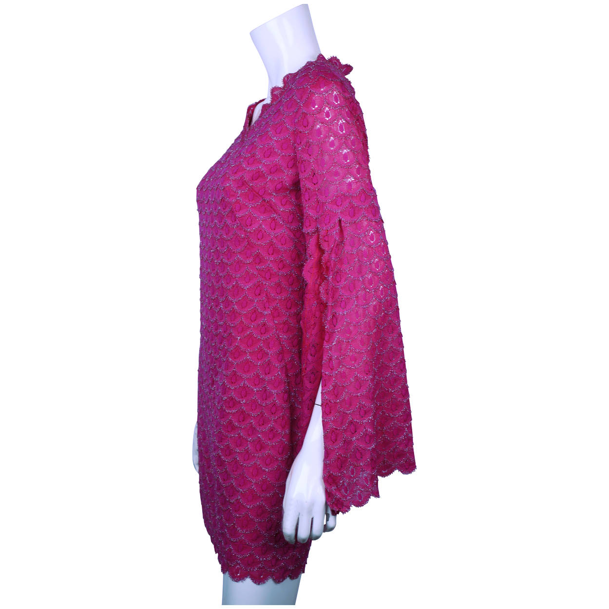 Vintage Mod Go Go Mini Dress Magenta Pink w Silver Festoons & Split Sleeves Sz M - Poppy's Vintage Clothing