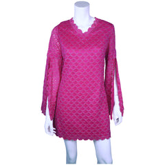 Vintage Mod Go Go Mini Dress Magenta Pink w Silver Festoons & Split Sleeves Sz M - Poppy's Vintage Clothing