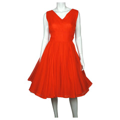 Vintage 60s 50s Dress Red Chiffon Size M - Poppy's Vintage Clothing