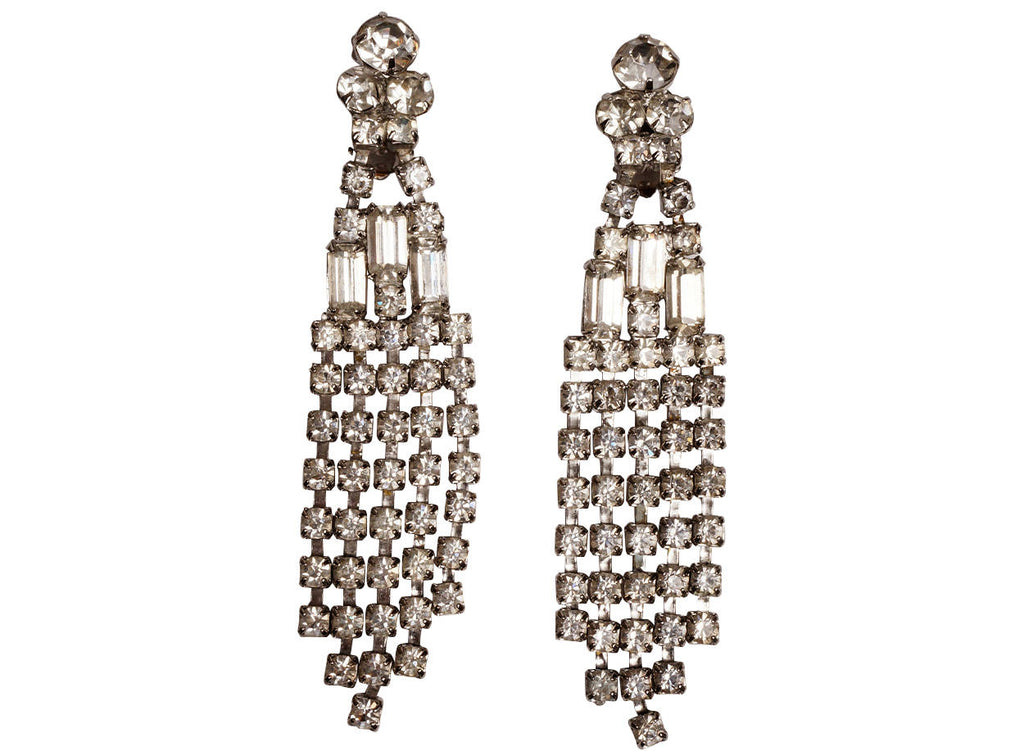 Vintage 1960s Rhinestone Chandelier Drop Earrings 4 Inch Fall - Poppy's Vintage Clothing