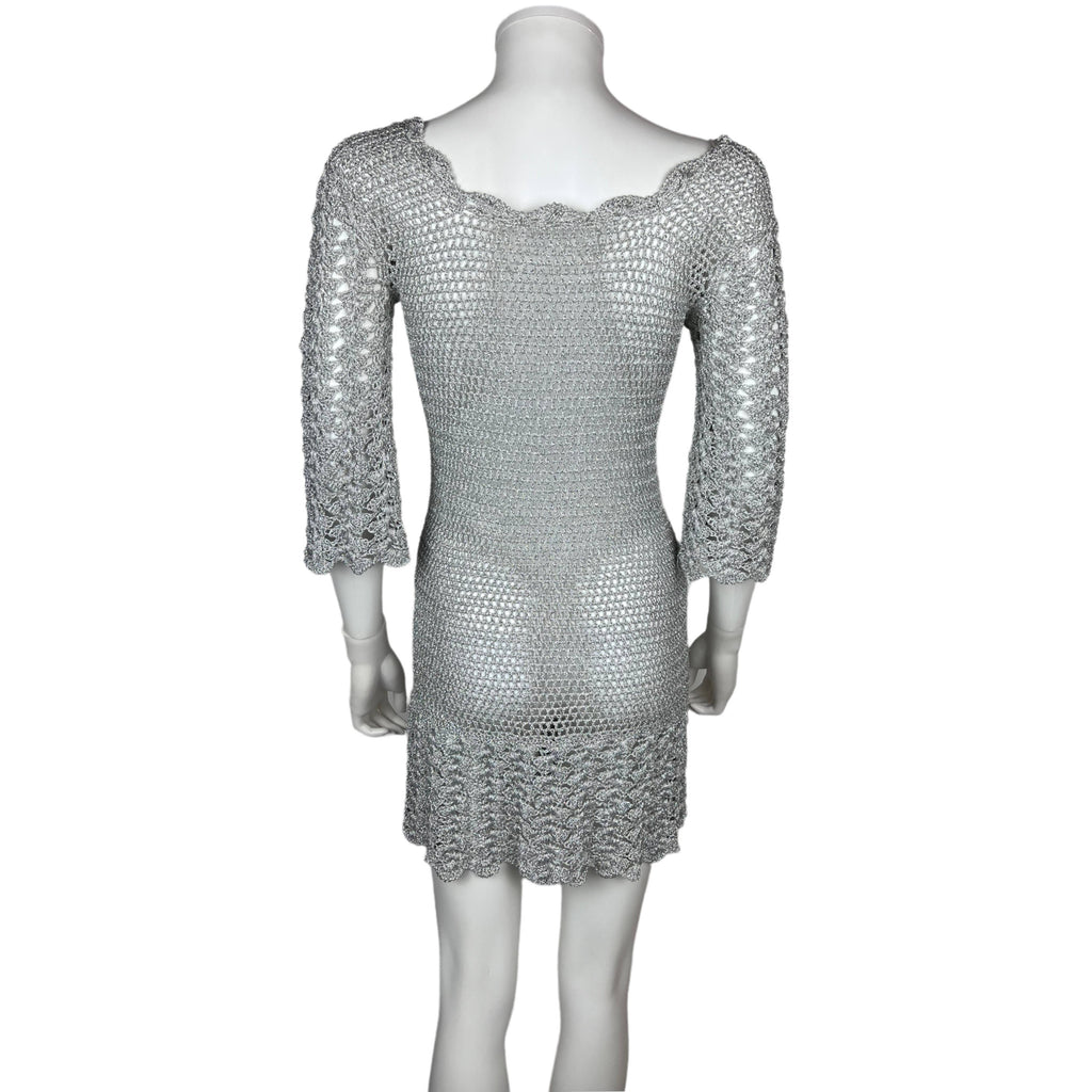 Vintage 1960s Mini Dress Silver Knit GoGo Discotheque Size M
