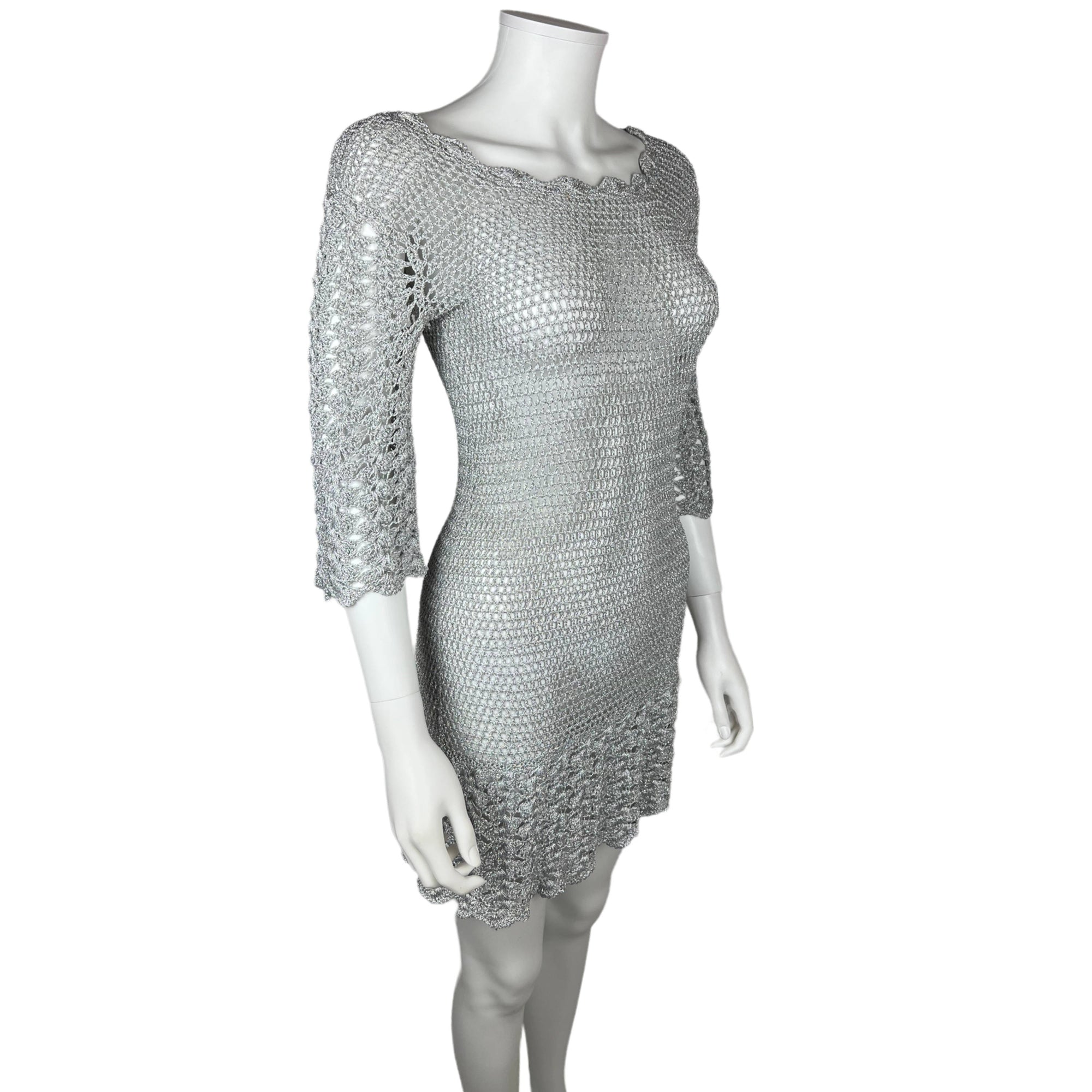 Vintage 1960s Mini Dress Silver Knit GoGo Discotheque Size M