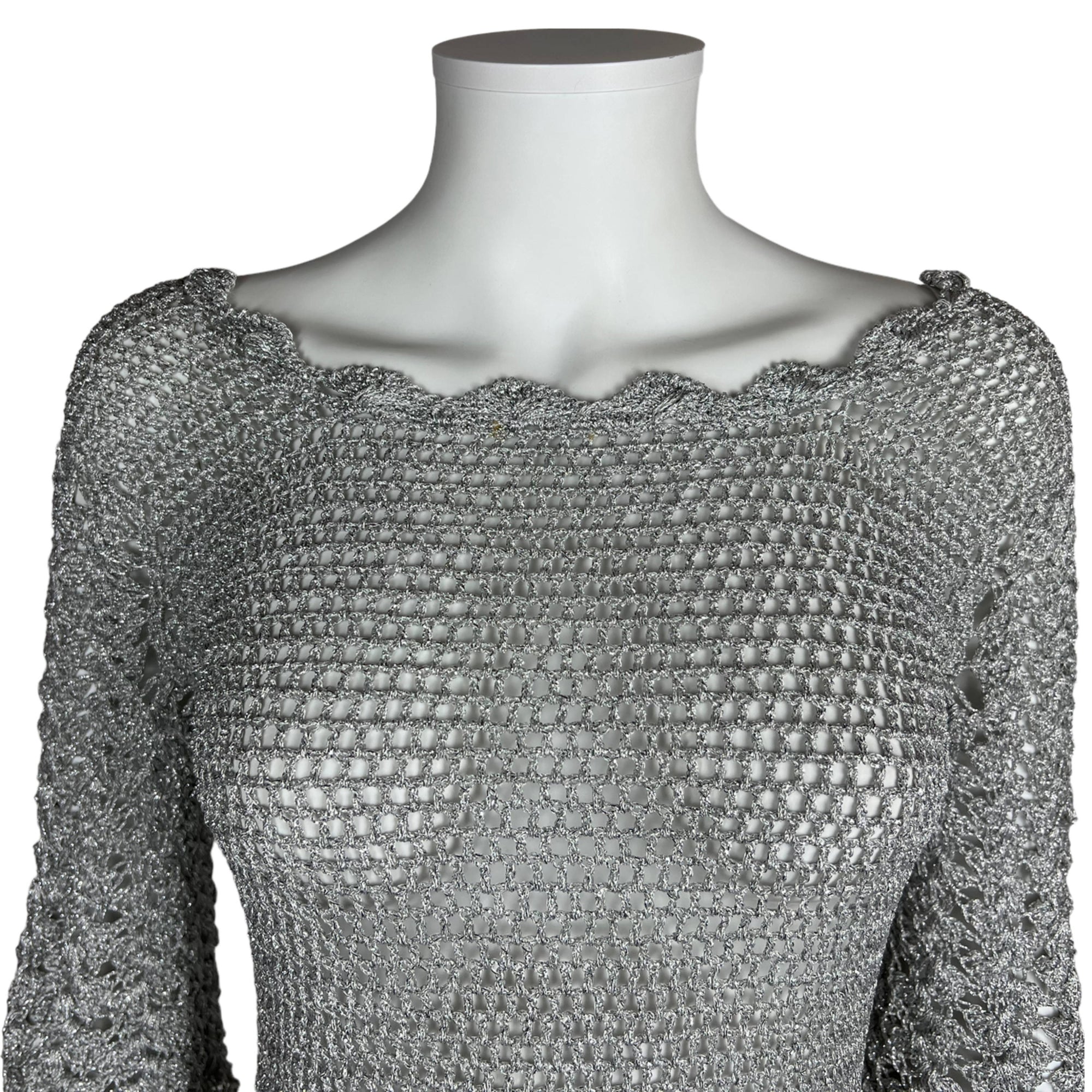 Vintage 1960s Mini Dress Silver Knit GoGo Discotheque Size M