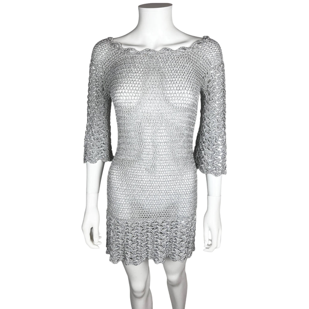 Vintage 1960s Mini Dress Silver Knit GoGo Discotheque Size M