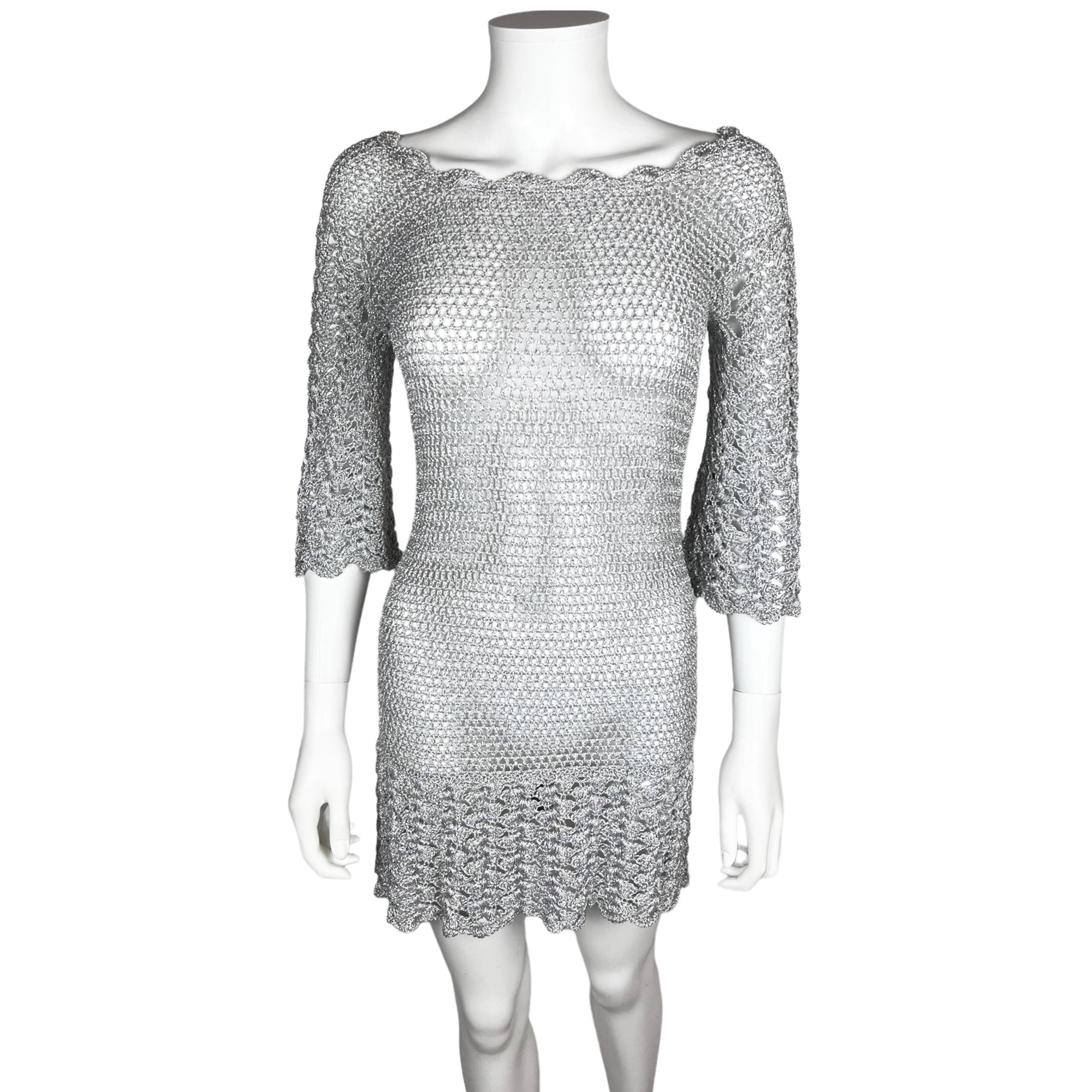 Vintage 1960s Mini Dress Silver Knit GoGo Discotheque Size M