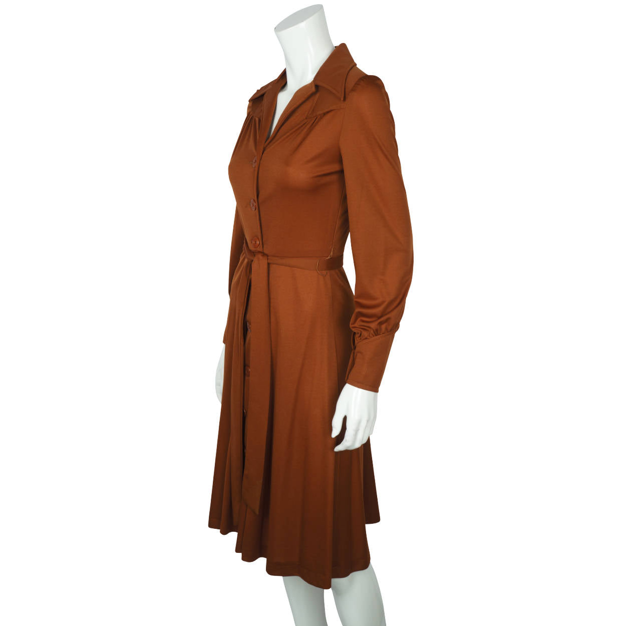 Vintage 70s Day Dress Copper Brown Polyester Disco Era Sz M - Poppy's Vintage Clothing