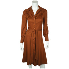 Vintage 70s Day Dress Copper Brown Polyester Disco Era Sz M - Poppy's Vintage Clothing