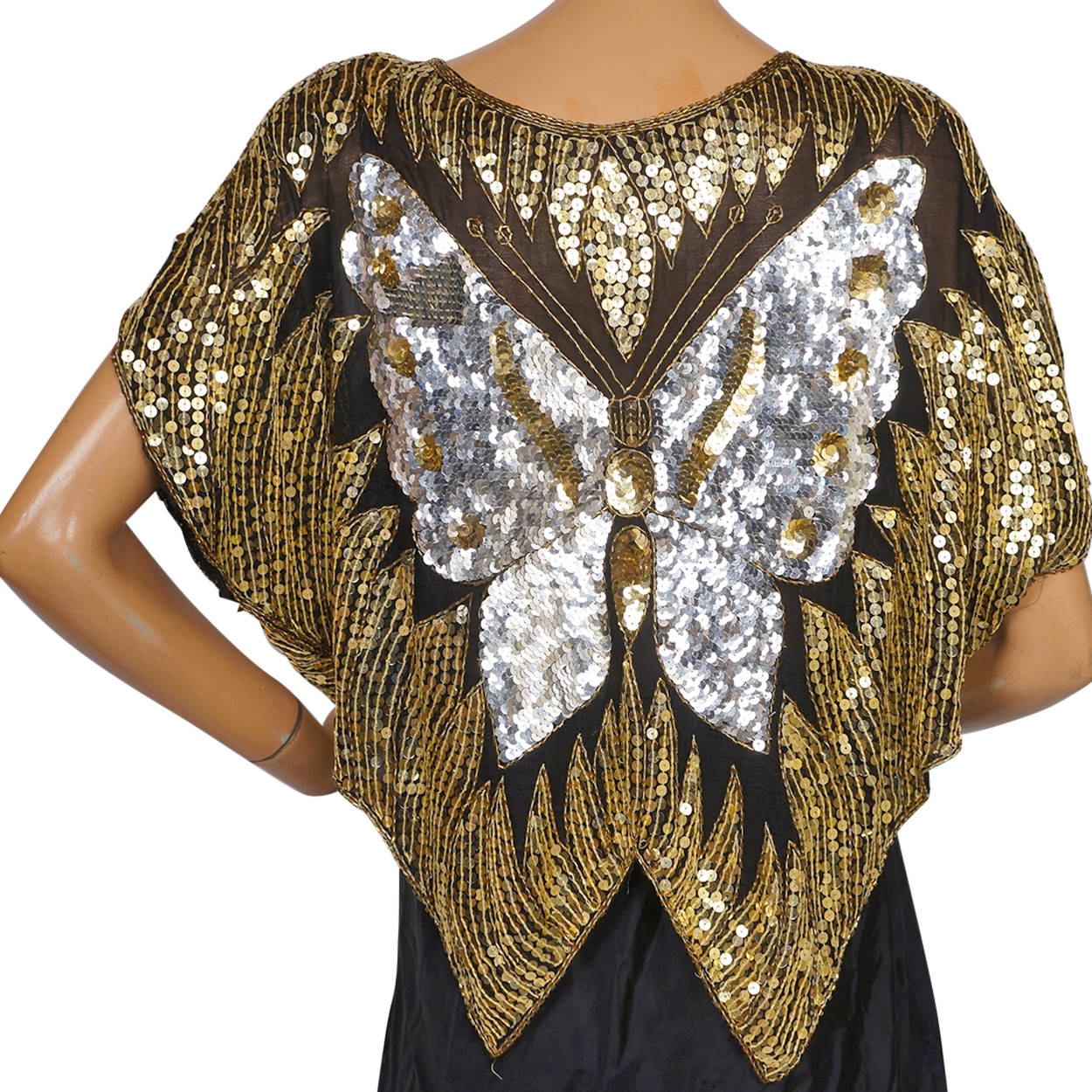 Vintage Disco Butterfly Top Silver &amp; Gold Sequins on Black Silk 1980s Size L - Poppy's Vintage Clothing