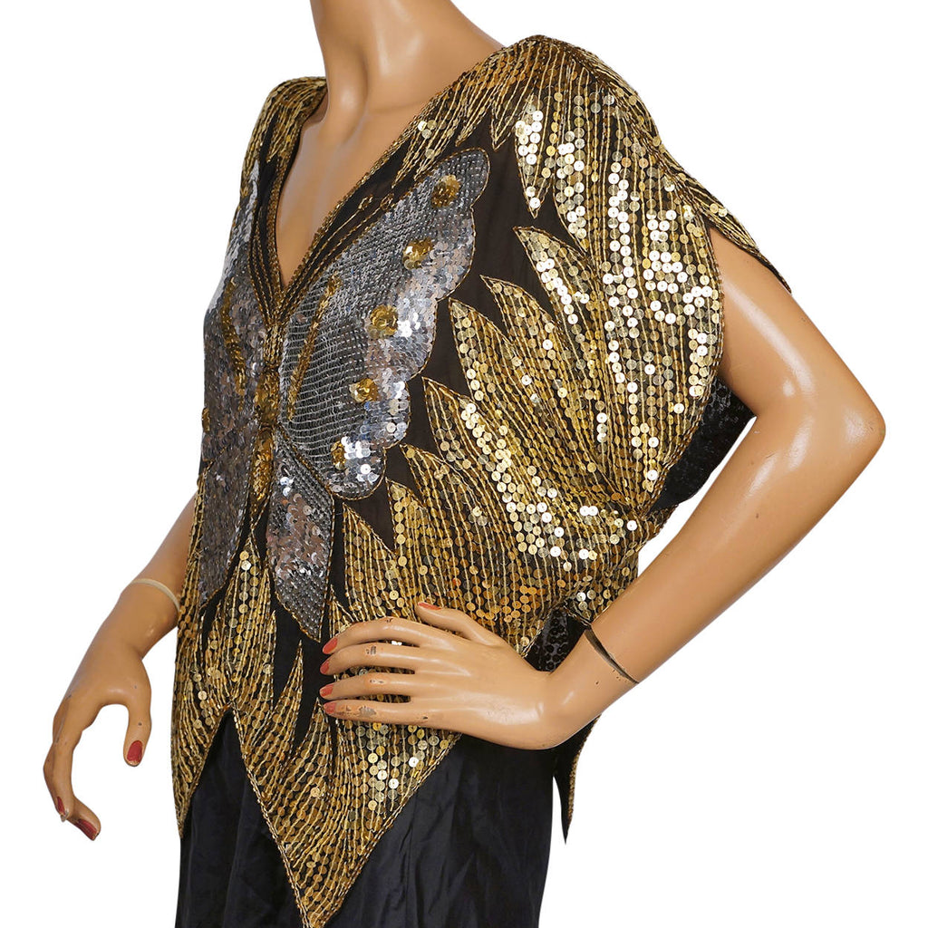 Vintage Disco Butterfly Top Silver &amp; Gold Sequins on Black Silk 1980s Size L - Poppy's Vintage Clothing