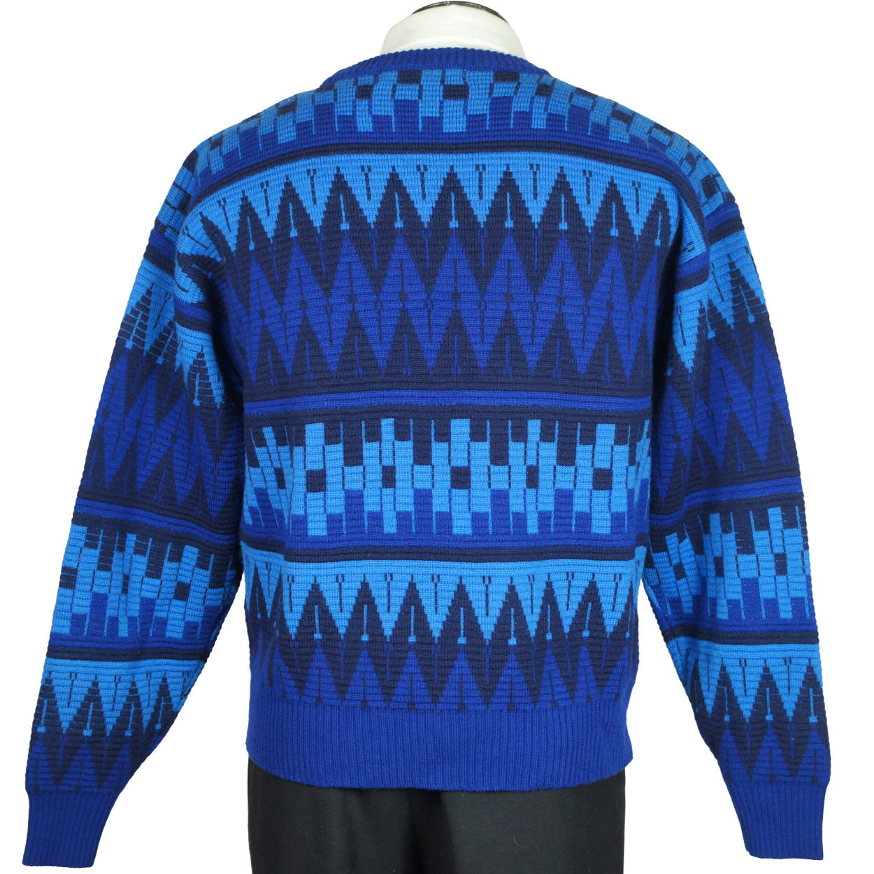 Vintage 70s Ski Sweater Blue Geometric Knit Mens Size L - Poppy's Vintage Clothing