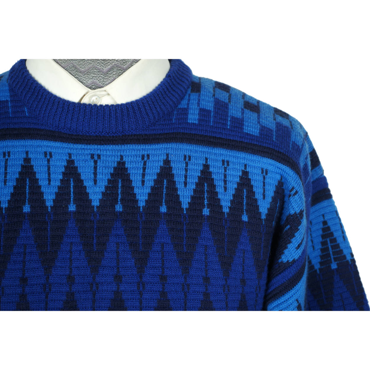 Vintage 70s Ski Sweater Blue Geometric Knit Mens Size L - Poppy's Vintage Clothing