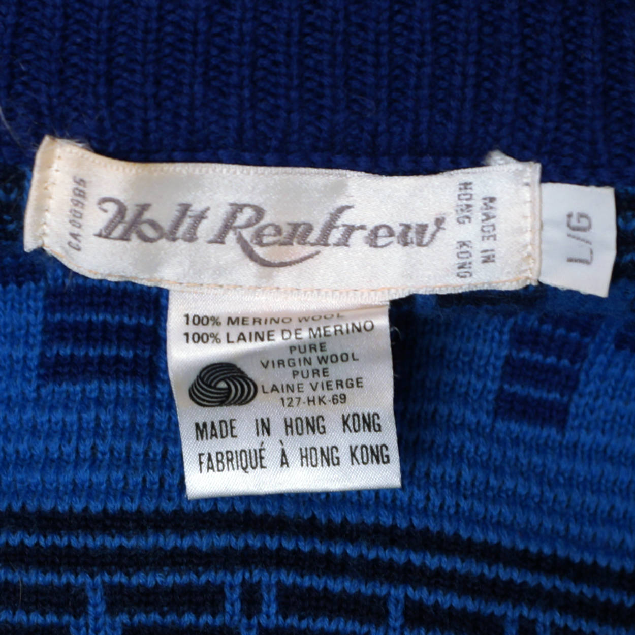 Vintage 70s Ski Sweater Blue Geometric Knit Mens Size L - Poppy's Vintage Clothing