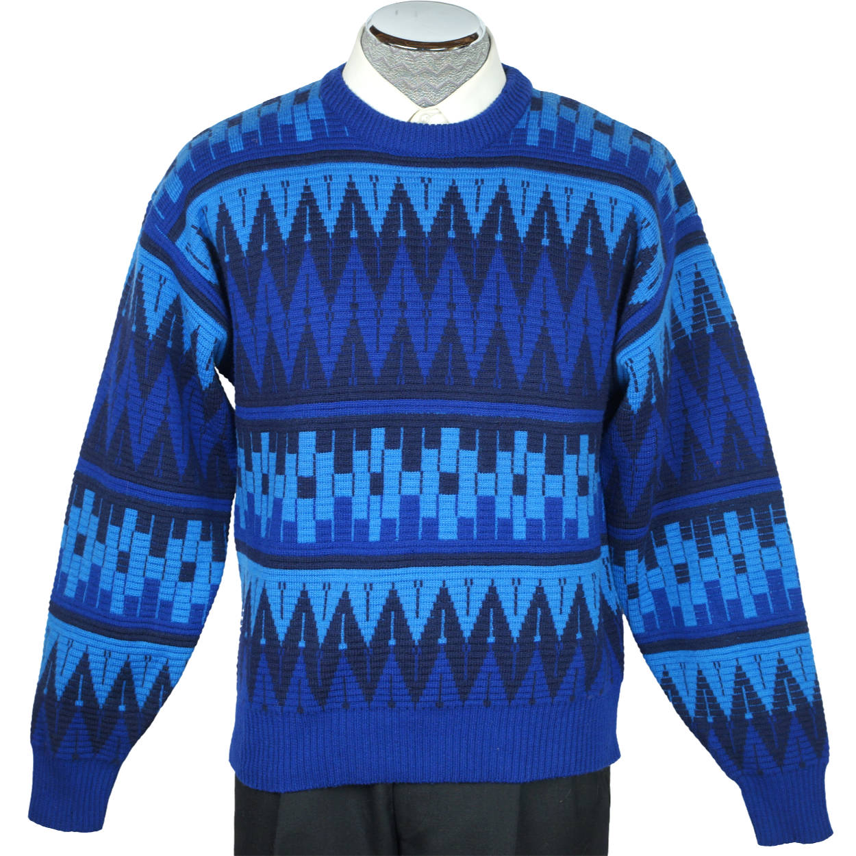 Vintage 70s Ski Sweater Blue Geometric Knit Mens Size L - Poppy's Vintage Clothing