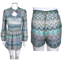 Vintage 1970s Hot Pants Dress Multicolour Zig Zag Knit Sz M