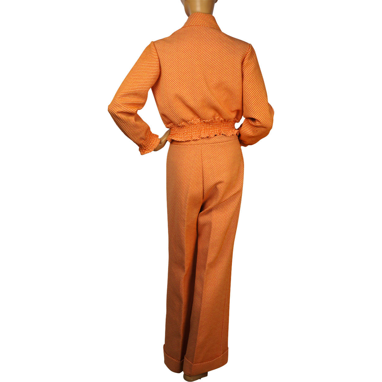 Vintage 1970s Pantsuit Orange Striped Poly Knit 2 Piece Size M - Poppy's Vintage Clothing