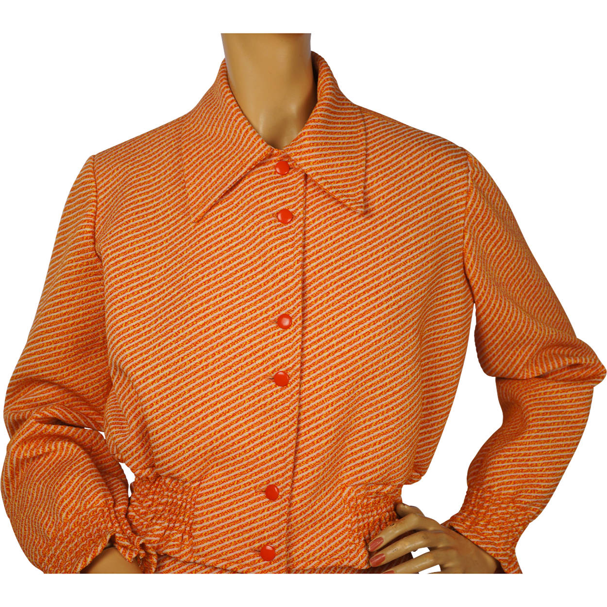 Vintage 1970s Pantsuit Orange Striped Poly Knit 2 Piece Size M - Poppy's Vintage Clothing