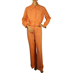 Vintage 1970s Pantsuit Orange Striped Poly Knit 2 Piece Size M - Poppy's Vintage Clothing