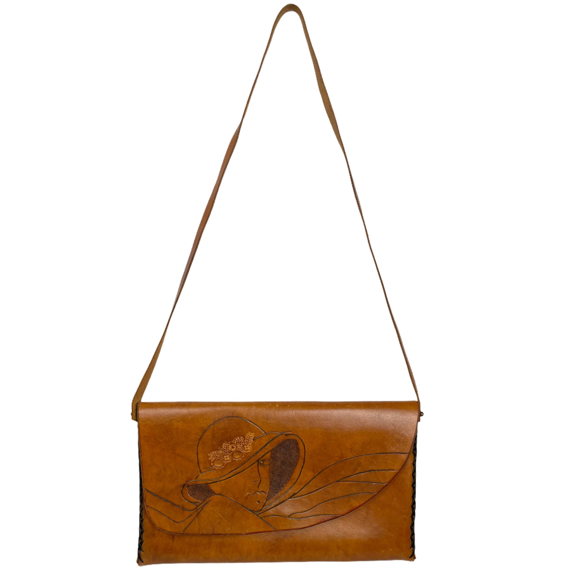 Vintage 1970s Artisan Leather Purse Signed Pyrography Lady Shoulder Bag