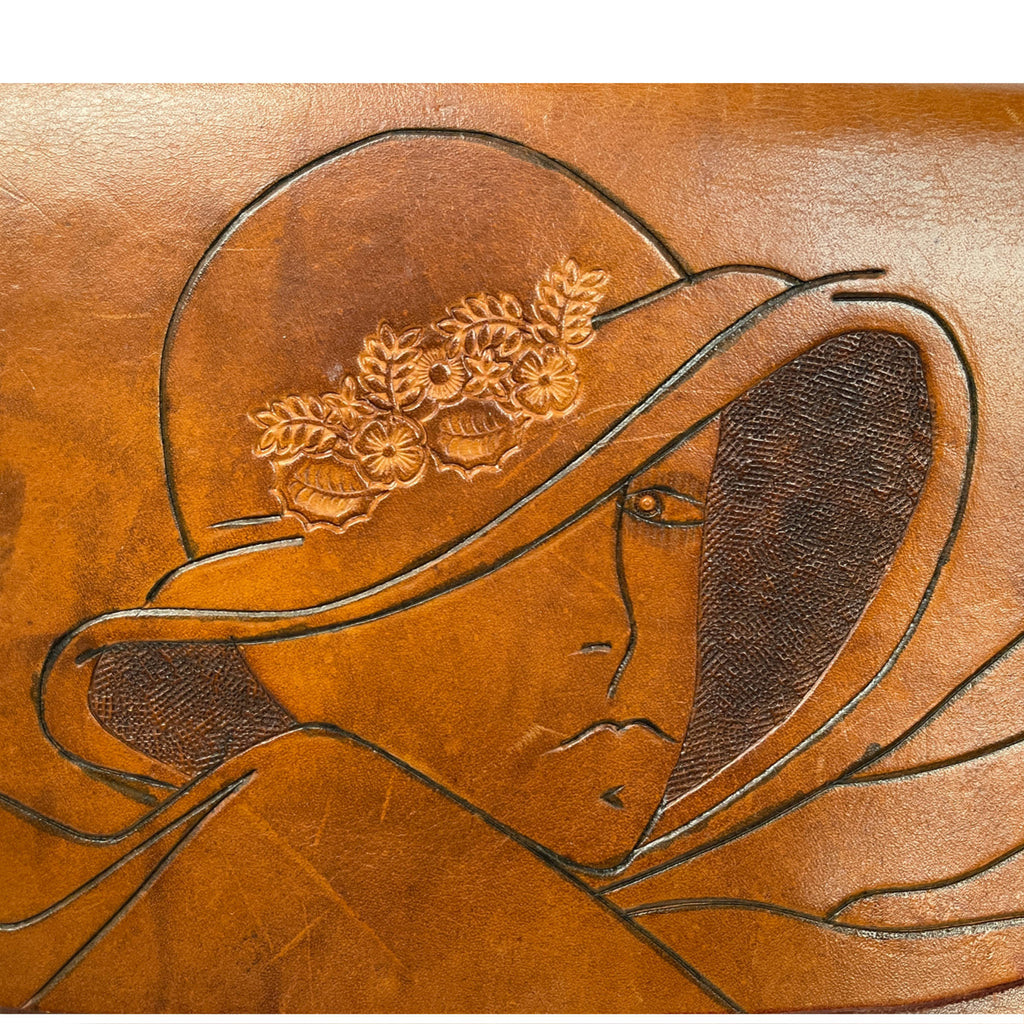 Vintage 1970s Artisan Leather Purse Signed Pyrography Lady Shoulder Bag