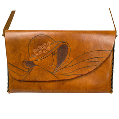 Vintage 1970s Artisan Leather Purse Signed Pyrography Lady Shoulder Bag