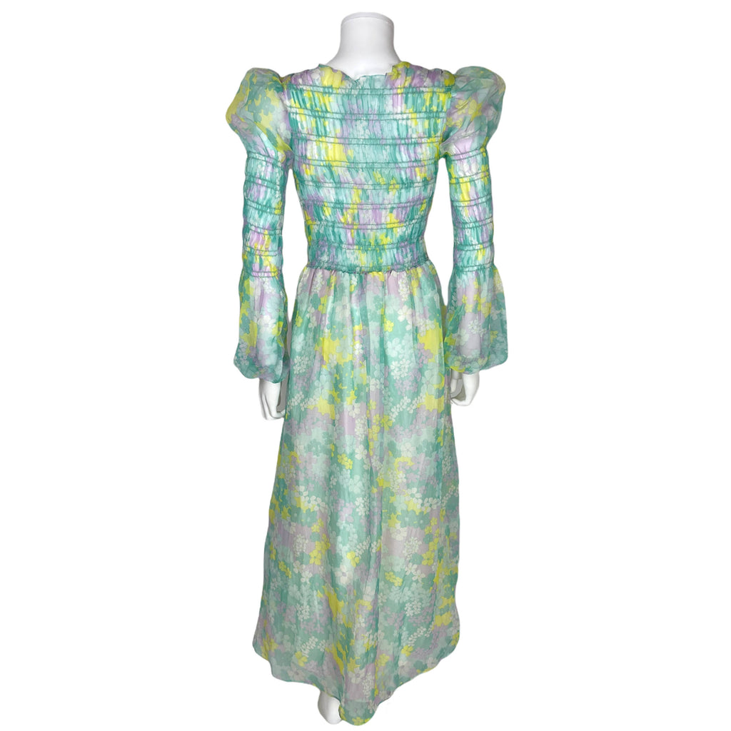 Vintage 1970s Maxi Dress Smocked Floral Printed Voile Size M