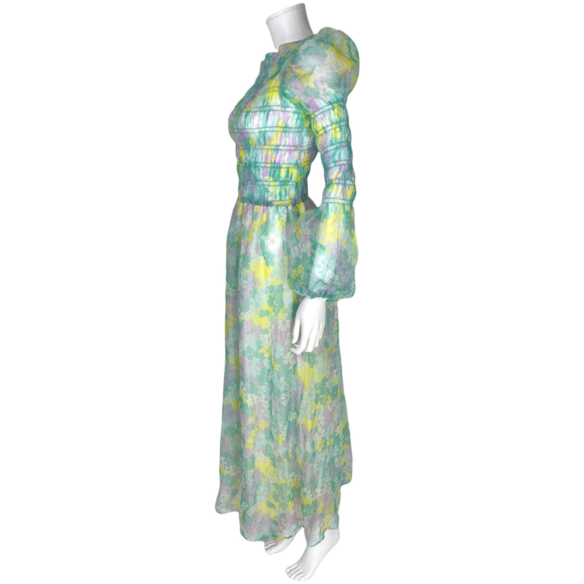 Vintage 1970s Maxi Dress Smocked Floral Printed Voile Size M