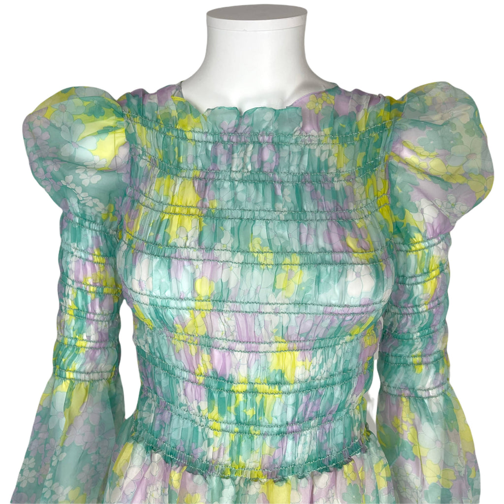 Vintage 1970s Maxi Dress Smocked Floral Printed Voile Size M