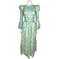 Vintage 1970s Maxi Dress Smocked Floral Printed Voile Size M