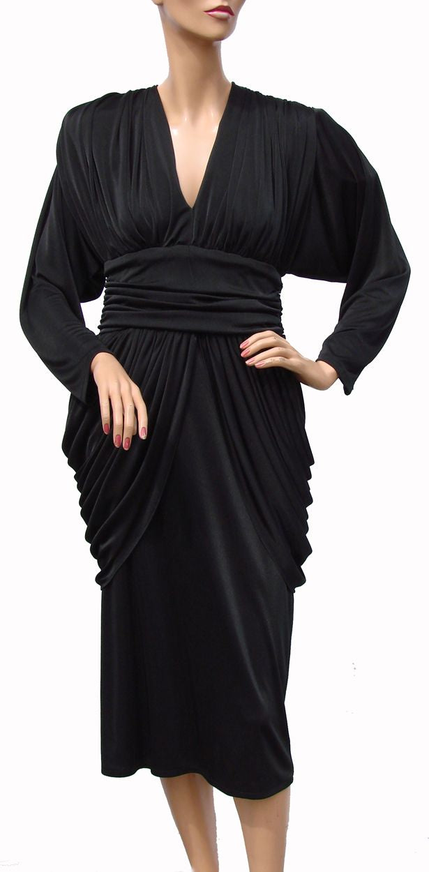 Vintage 1980s Black Draped Jersey Dress - Joseph Ribkoff  - Size M - Poppy's Vintage Clothing