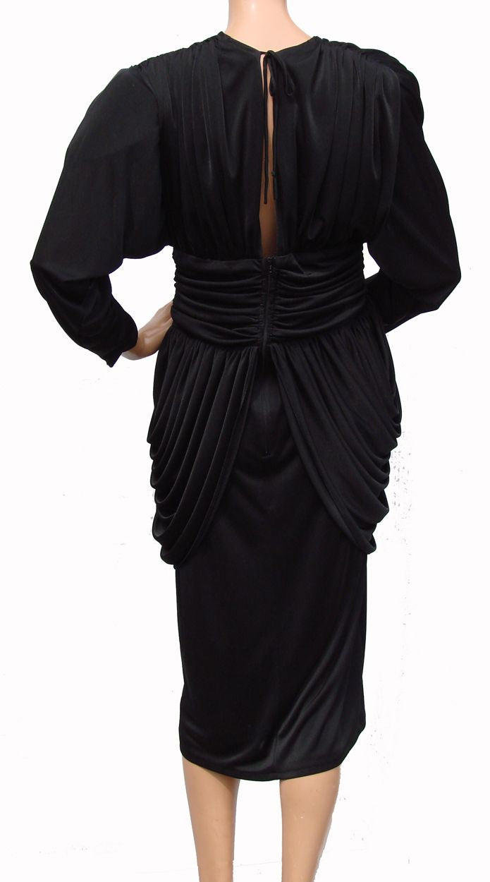 Vintage 1980s Black Draped Jersey Dress - Joseph Ribkoff  - Size M - Poppy's Vintage Clothing