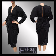 Vintage 1980s Black Draped Jersey Dress - Joseph Ribkoff  - Size M - Poppy's Vintage Clothing